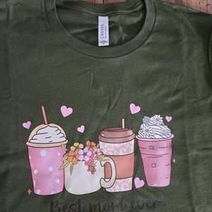 Bella Canvas Woman Olive Green Tee with Pink & Cream Drink Graphic